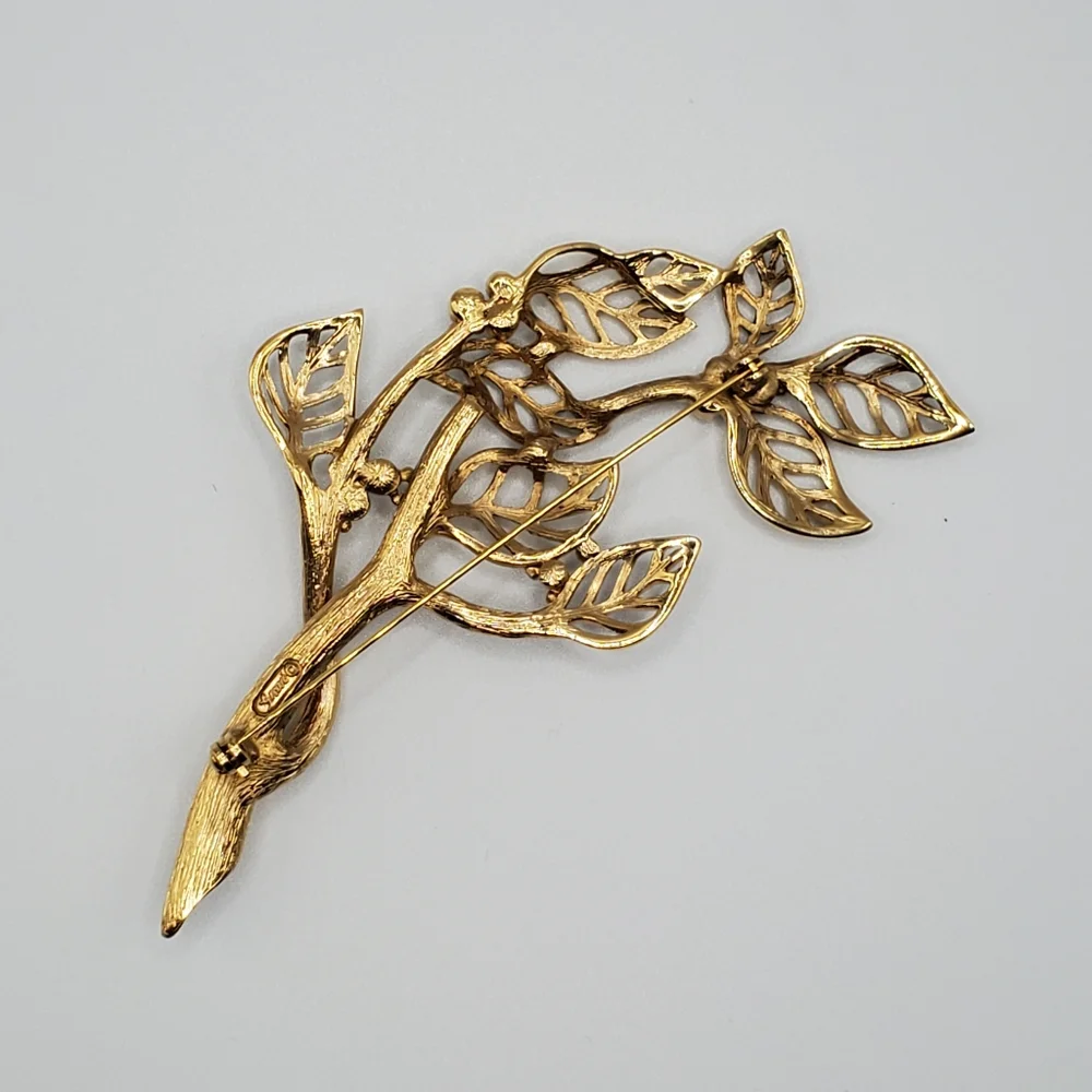 MCM Grossé Brooch Pin. Marked. Gold And Silver Tone Leaves. Rhinestones. Vintage